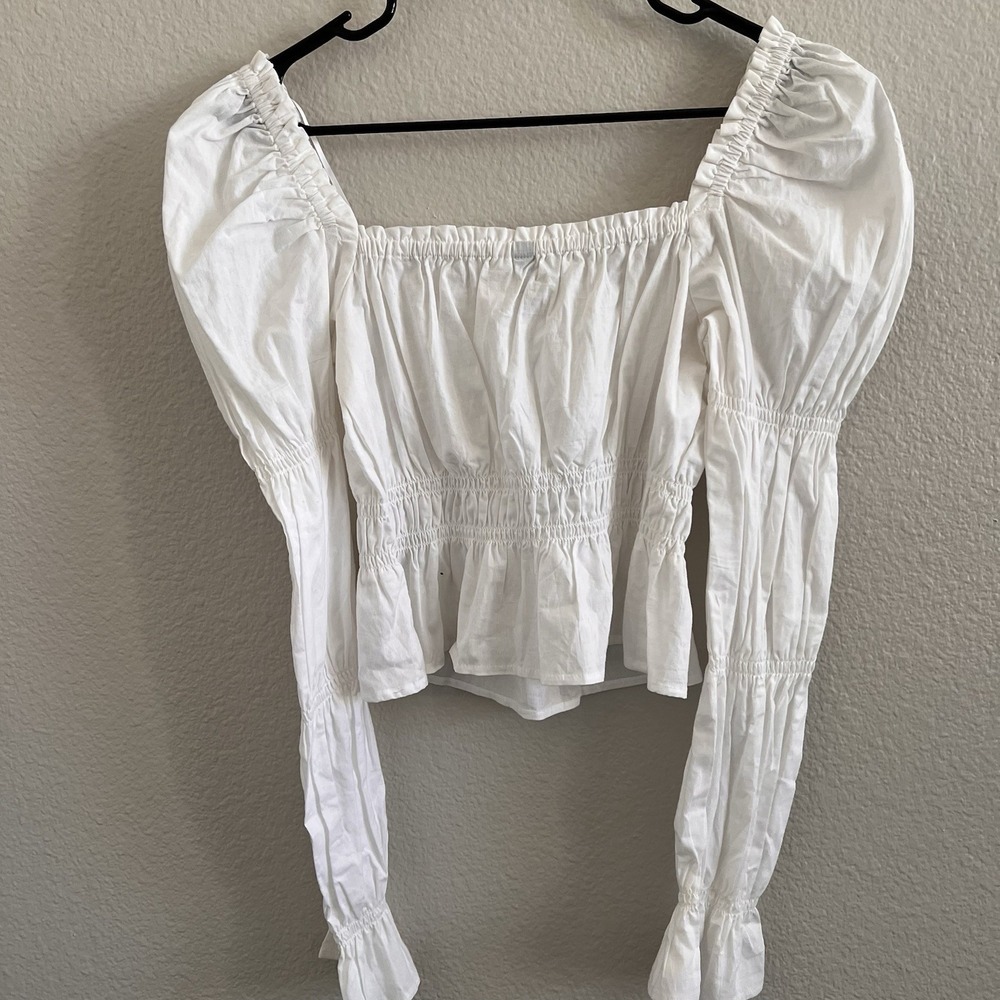 White Top Poet Sleeve Small Cottagecore Boho Milkmaid Square Neck